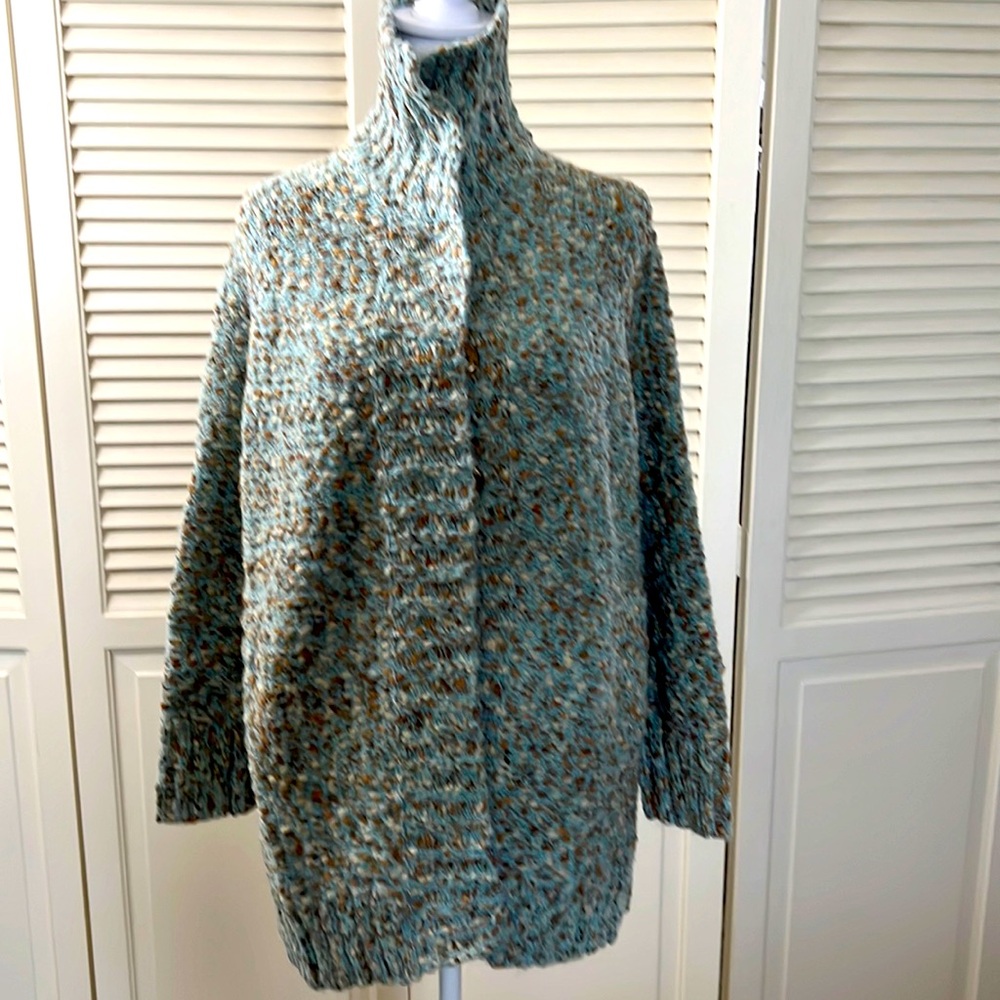 New Curio Sweater Coat in blue brown cream yarn.